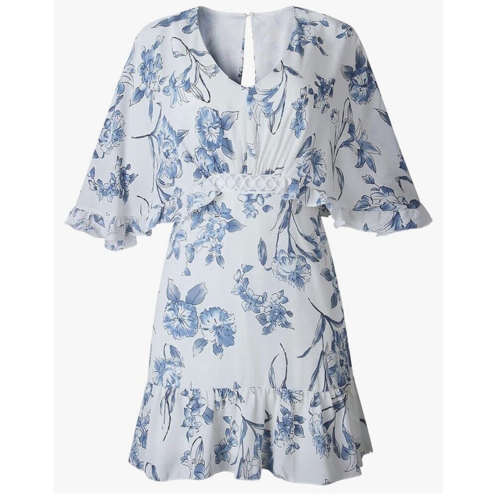 Floral Hollowed Out High Waist Ruffle Boho Flowy Short Dress, M Party Wedding